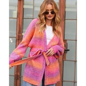 Vici Carey Striped Tie Waist Cardigan Pink Size Medium